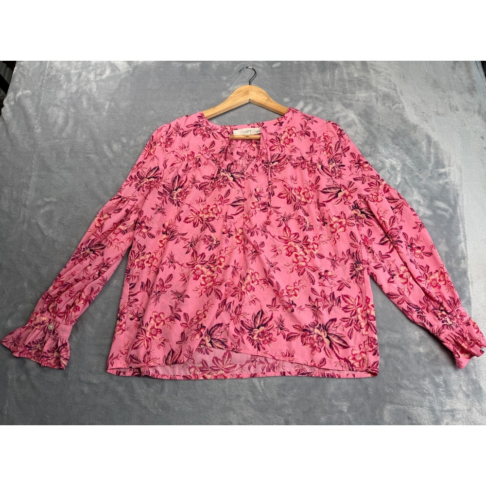 Loft Blouse Top Women Small Petite Pink Floral Pleated Ruffled Cuff Split V Neck